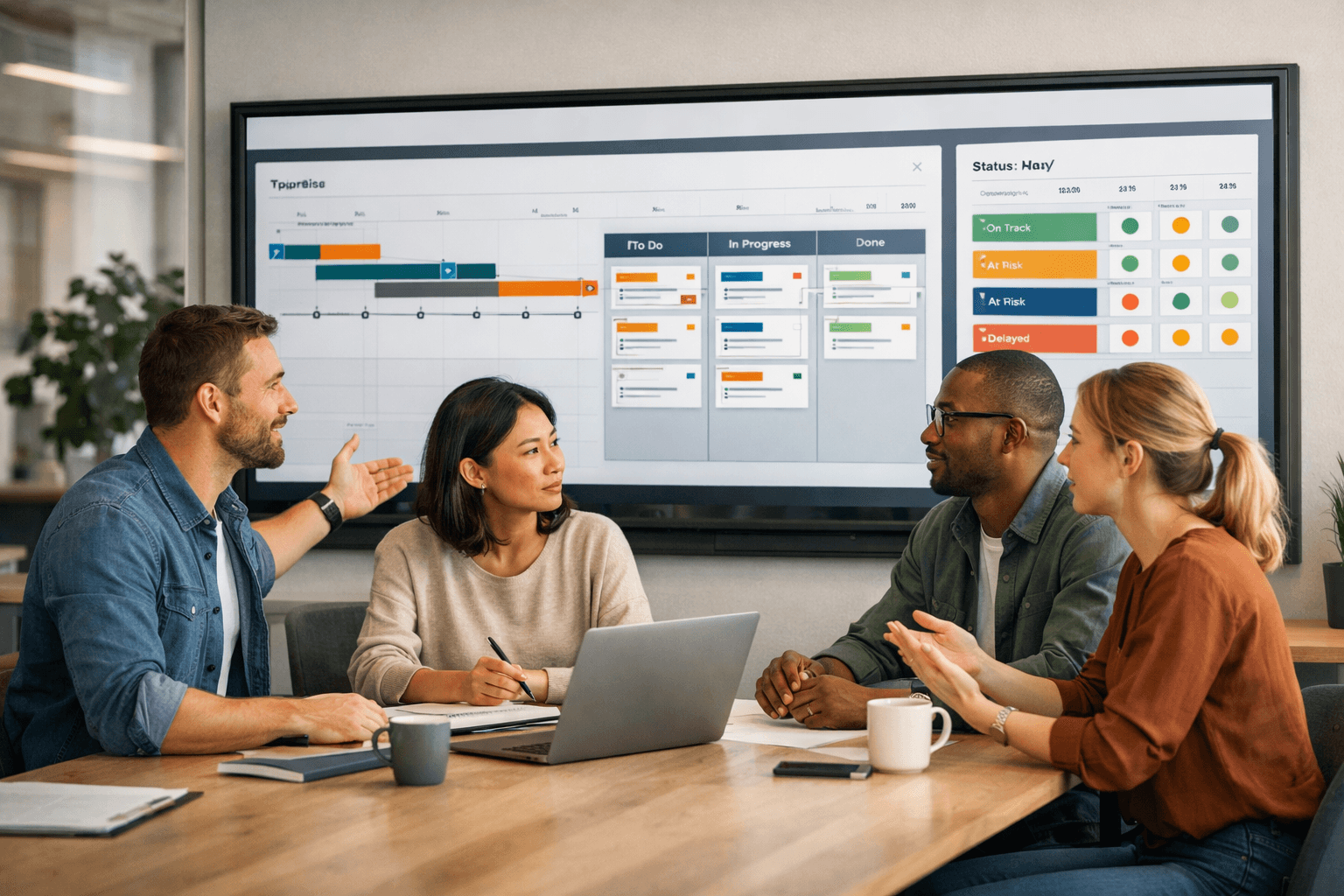 Team arbeitet gemeinsam am digitalen Projekt- und Ticket-Workspace